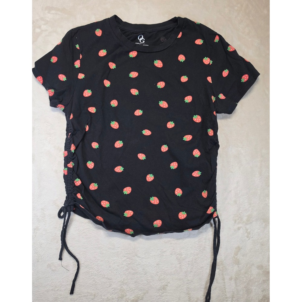 Organic Generation Black Strawberry Print Ruched Side Crop T-Shirt Womens Large